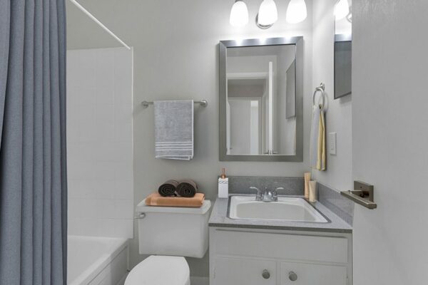Rendering of a bathroom with white cabinets, gray countertops, and a bathtub.