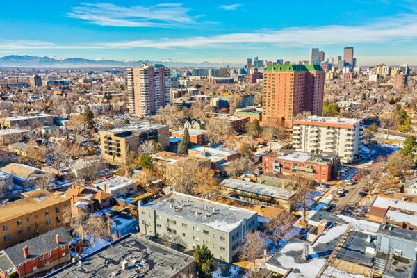 Aerial view over 25 Emerson apartments looking north towards downtown Denver.