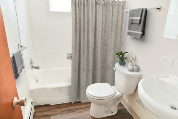 Rendering of a full bathroom with wood floors, white walls, and a porcelain sink.