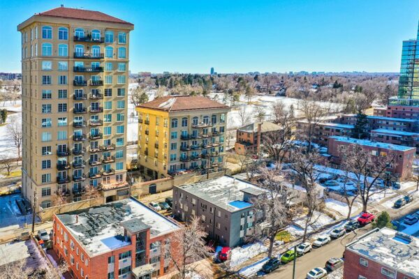Aerial view of 50 Corona looking southeast towards the Denver Country Club.