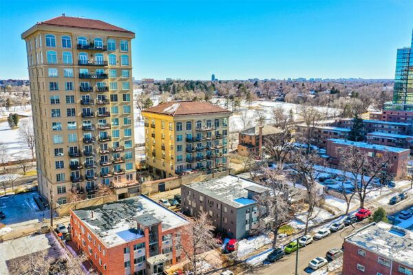 Aerial view of 50 Corona looking southeast towards the Denver Country Club.