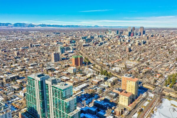 Aerial view of 50 Corona looking northwest towards downtown Denver.