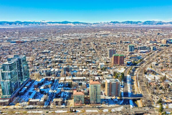 Aerial view of 50 Corona looking west towards the foothills.