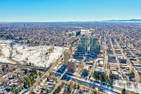 Aerial view of 50 Corona looking south with the Denver Country Club.