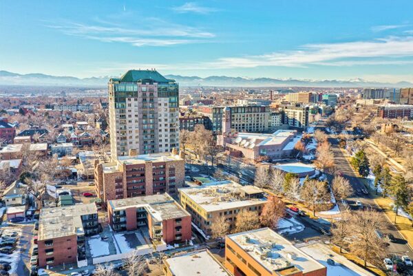 Aerial view of 550 East 3rd Avenue looking west towards the foothills.