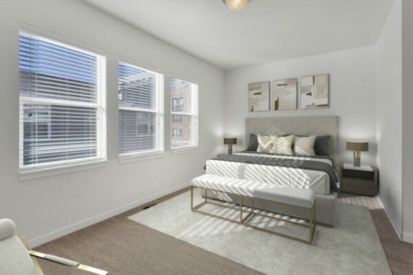 Rendering of a bedroom with large windows, carpet, and white walls.
