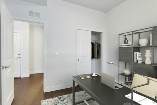 Rendering of an office with wood floors, a window, and a closet.