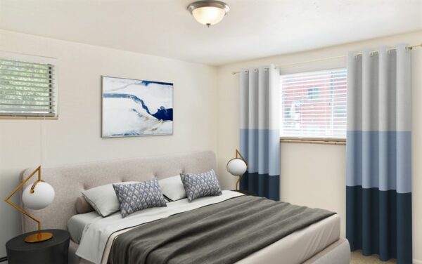 Rendering of a bedroom with tan carpet, white walls, and a large window.
