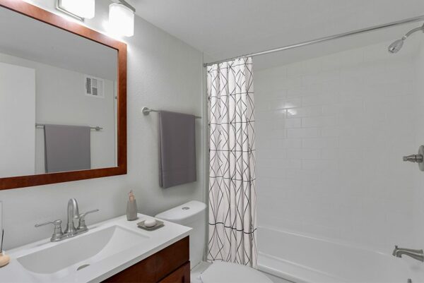 Five50 apartment bathroom with wood cabinets and framed mirror.