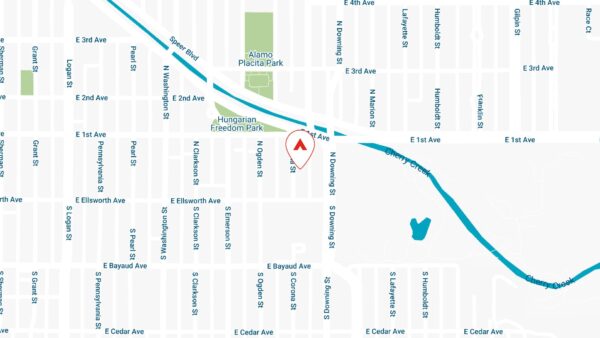 Map showing location of 50 Corona apartments on Corona Street near Speer Boulevard.