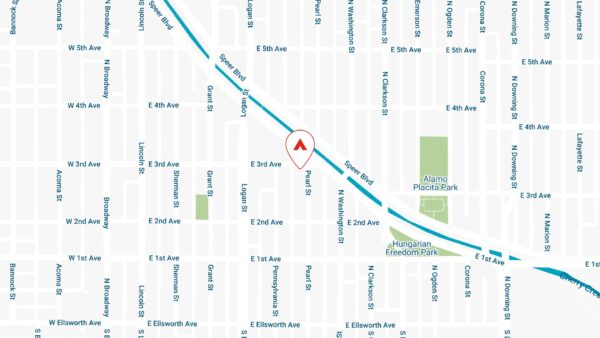 Map showing location of 550 East 3rd Avenue apartments on 3rd Avenue near Speer Boulevard.