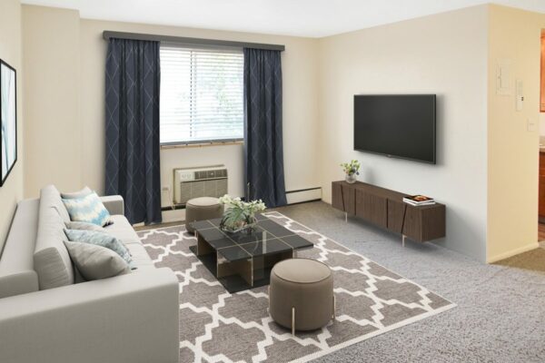 Rendering of a living room with carpet, white walls, and a large window.