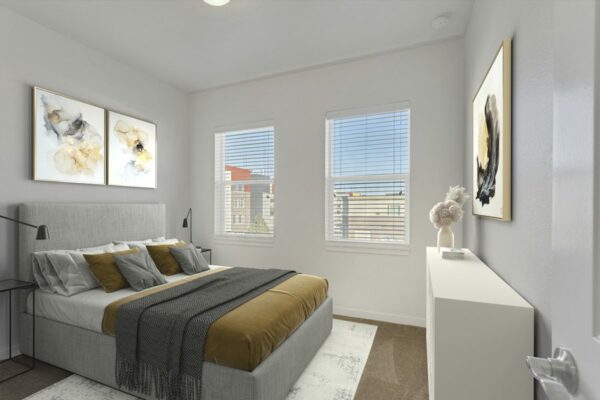 Rendering of a bedroom with large windows, carpet, and white walls.