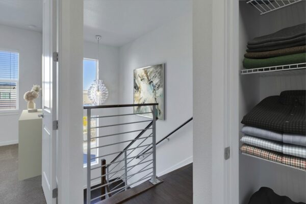 Rendering of stairs leading to a living area with a hallway closet.