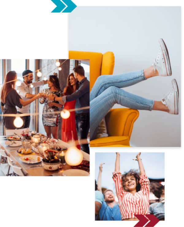 Photo collage of people at a party, person sitting in a chair, and person celebrating outside.