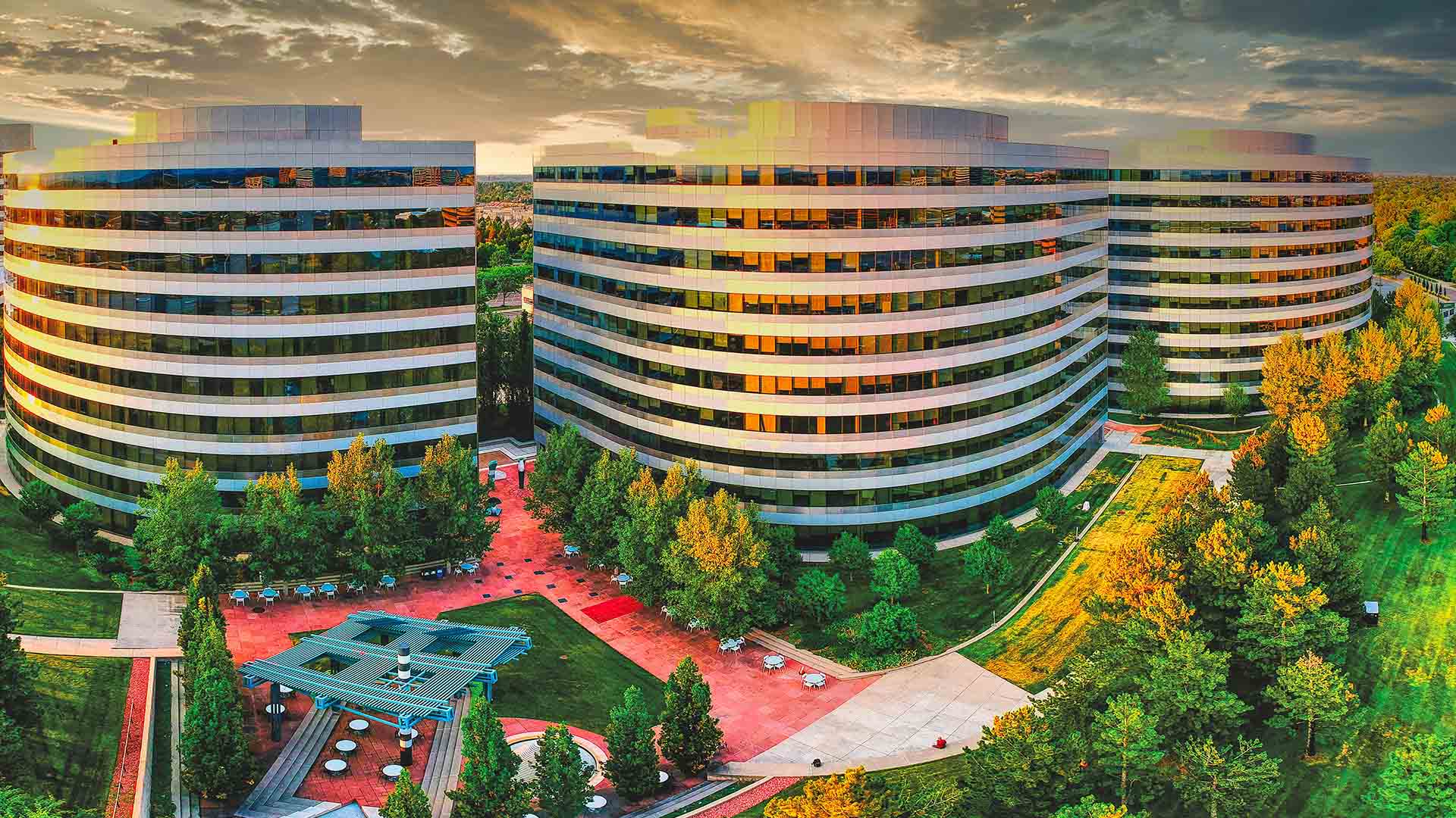 Office buildings with grass park in Denver Tech Center.