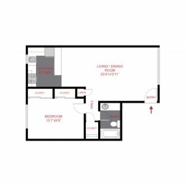 Rendering of the 833 Dexter - Plan A2 - One Bedroom Floor Plan