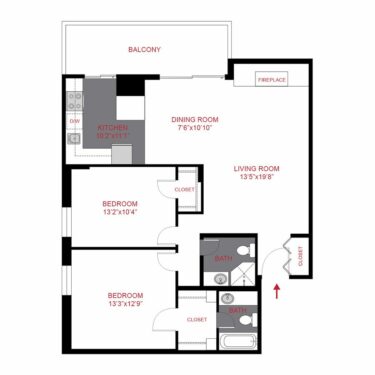 Rendering of the Plan B2 - Two Bedroom Floor Plan