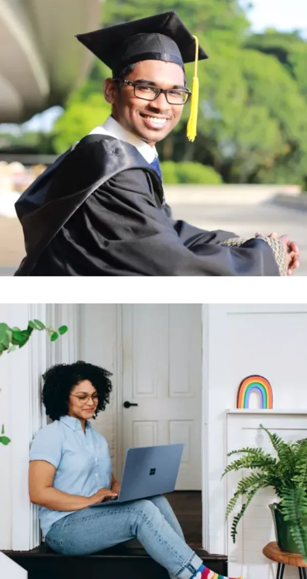 Collage of graduate in cap and person working on laptop.