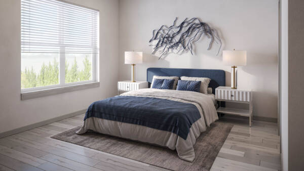 Bedroom with plush bed, bedside tables with lamps, and large window.