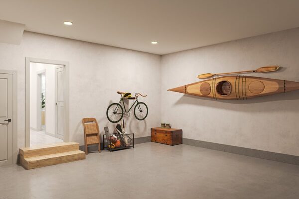 Rendering of townhome garage with outdoor equipment and warm lights.