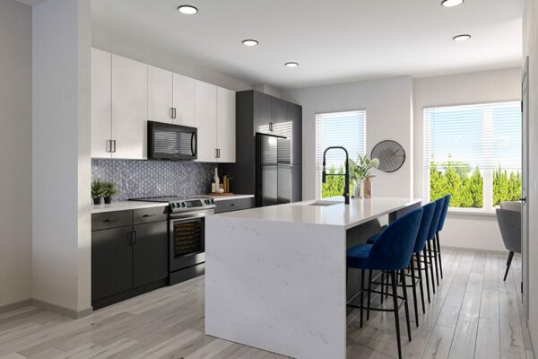 Kitchen with wood tile floor, dark cabinets, light counters, and dark appliances.