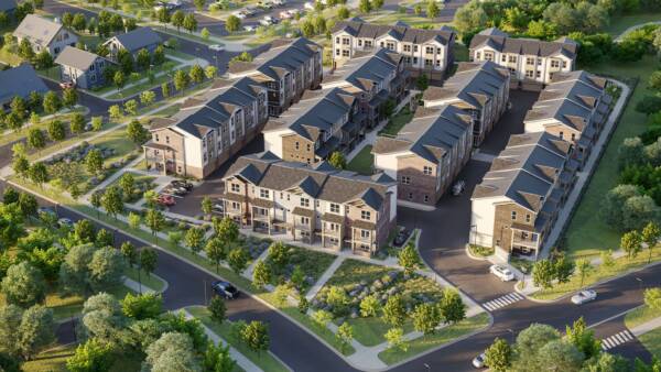 The Allyson Townhomes exterior birdseye view of apartment townhomes.