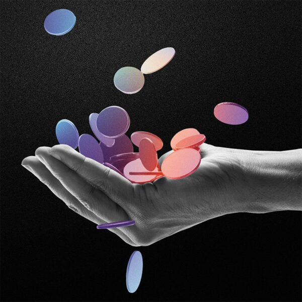 Cupped hand tossing colorful gradient coins.
