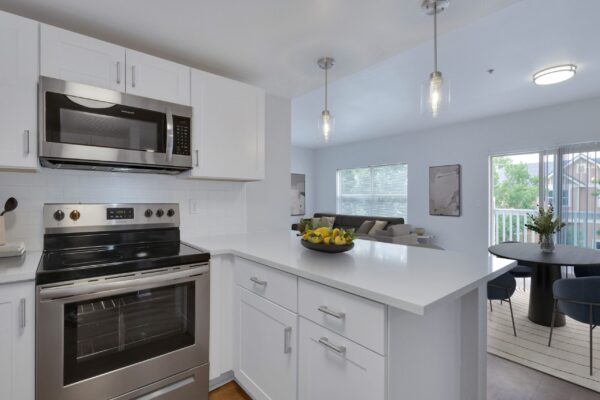 kitchen with white cabinets and stainless steele appliances with view into living room