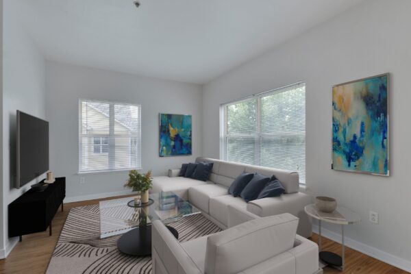 living room with couch, tv, and large windows surrounding