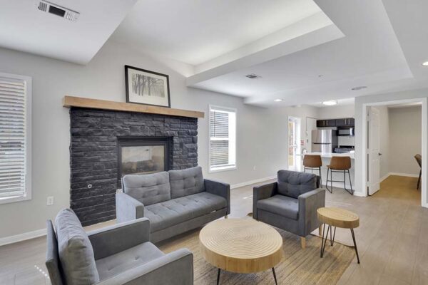 Trocadero apartments lounge with plush seating, fireplace, and community kitchen.