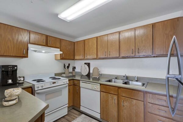 Trocadero apartment kitchen with wood style floors and cabinets, dark counters, and white appliances.