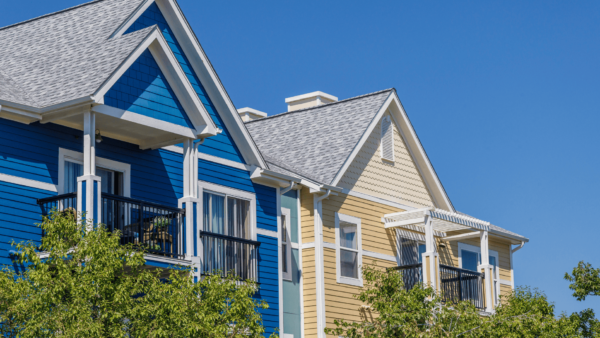 trocadero apartments exteriors with blue and yellow buiildings