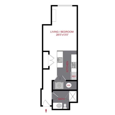 Rendering of the The Aviv floor plan with a Studio bedroom and 1 bathroom[s] at 7/S Denver Haus
