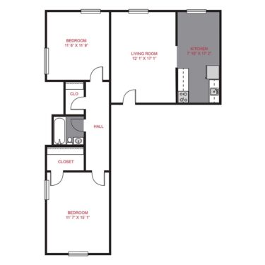 Rendering of the Plan B - Two Bedroom floor plan with 2 bedroom[s] and 1 bathroom[s] at The Novelist