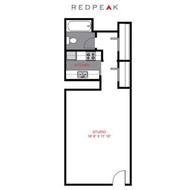 Rendering of the Plan S - Studio floor plan with a Studio bedroom and 1 bathroom[s] at 833 Dexter
