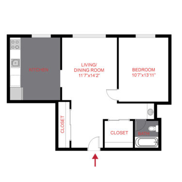 Rendering of the A4 floor plan with 1 bedroom[s] and 1 bathroom[s] at 1360 Williams