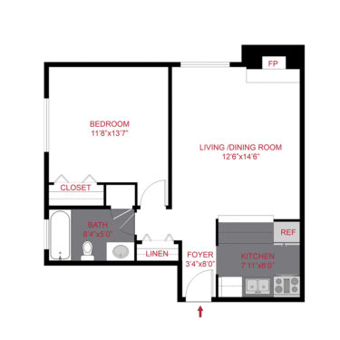 Rendering of the Plan A2 - One Bedroom floor plan with 1 bedroom[s] and 1 bathroom[s] at 1430 Humboldt