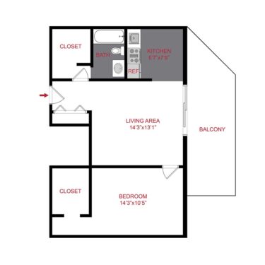 Rendering of the a4 floor plan with 1 bedroom[s] and 1 bathroom[s] at 950 Lafayette