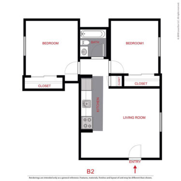 Rendering of the 2 Bed 1 Bath floor plan with 2 bedroom[s] and 1 bathroom[s] at 960 S Logan