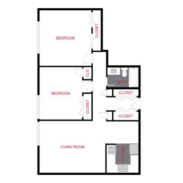 Rendering of the Plan B - Two Bedroom floor plan with 2 bedroom[s] and 1 bathroom[s] at 870 Cherry