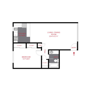 Rendering of the Plan A2 - One Bedroom floor plan with 1 bedroom[s] and 1 bathroom[s] at 833 Dexter