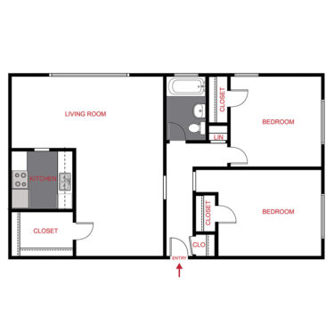 Rendering of the B1 floor plan with 2 bedroom[s] and 1 bathroom[s] at 611 East 11th
