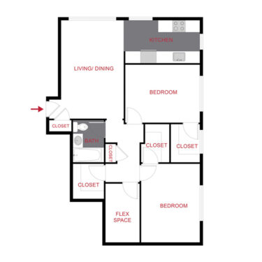 Rendering of the 880 Dexter - Two Bedroom floor plan with 2 bedroom[s] and 1 bathroom[s] at The Dexters & Dahlias