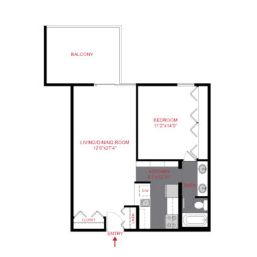 Rendering of the a1 floor plan with 1 bedroom[s] and 1 bathroom[s] at The Scot