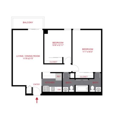 Rendering of the B1 floor plan with 2 bedroom[s] and 1.5 bathroom[s] at 180 Flats