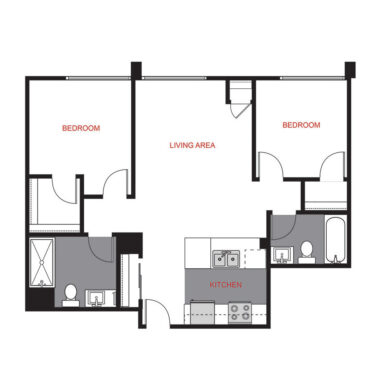 Rendering of the Plan B1 floor plan with 2 bedroom[s] and 2 bathroom[s] at 1375 High