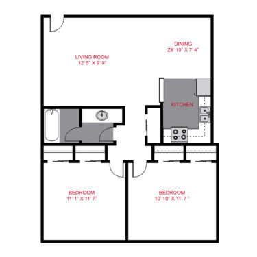 Rendering of the 833 Dexter - Plan B floor plan with 2 bedroom[s] and 1 bathroom[s] at The Dexters & Dahlias