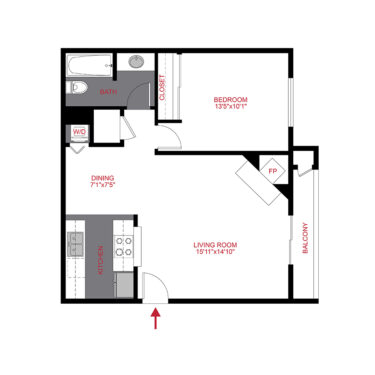 Rendering of the 1 Bed 1 Bath floor plan with 1 bedroom[s] and 1 bathroom[s] at Cottonwood Creek