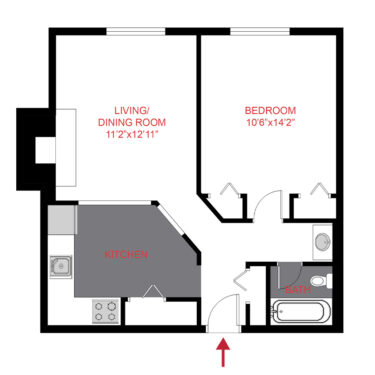 Rendering of the A3 floor plan with 1 bedroom[s] and 1 bathroom[s] at 1360 Williams